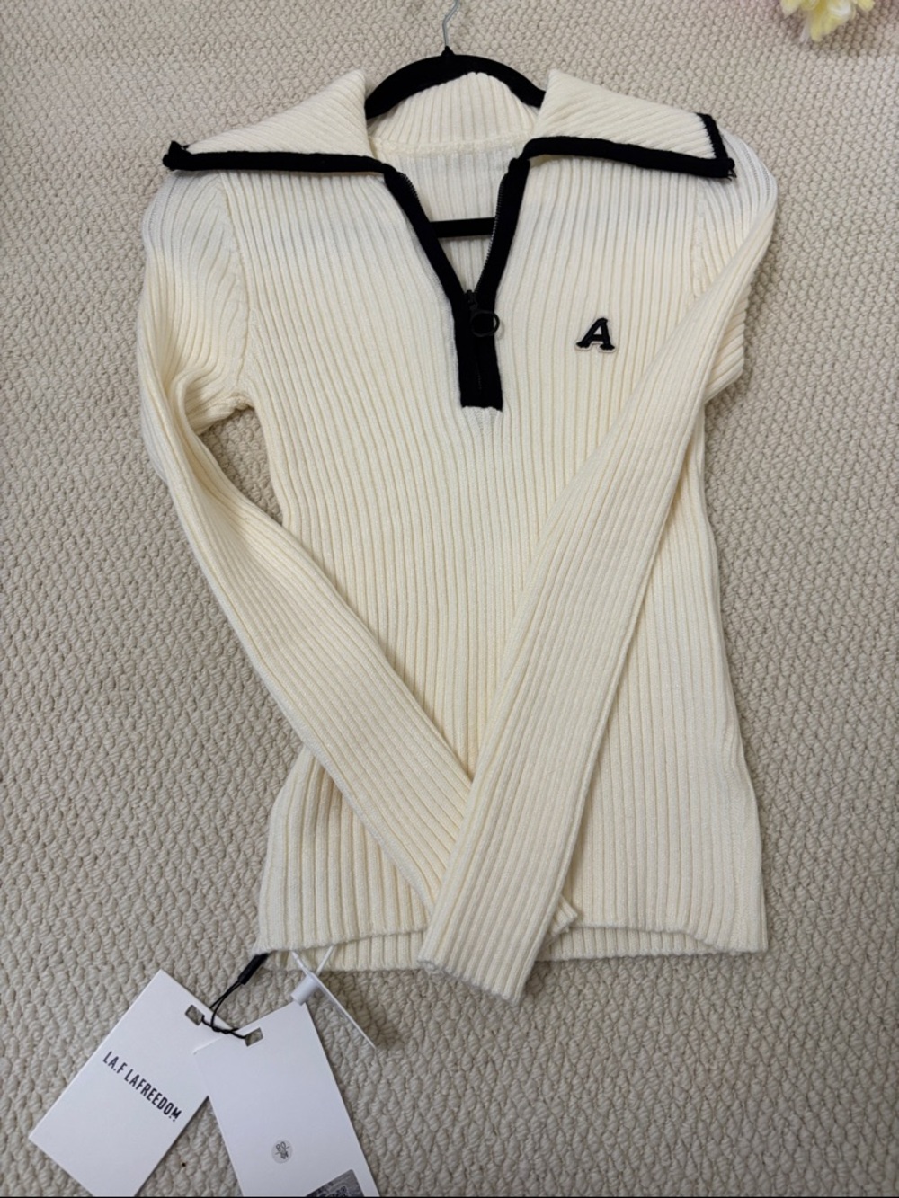 LA LAIREEDOM Cream Ribbed Sailor Collar Sweater with Contrast Trim